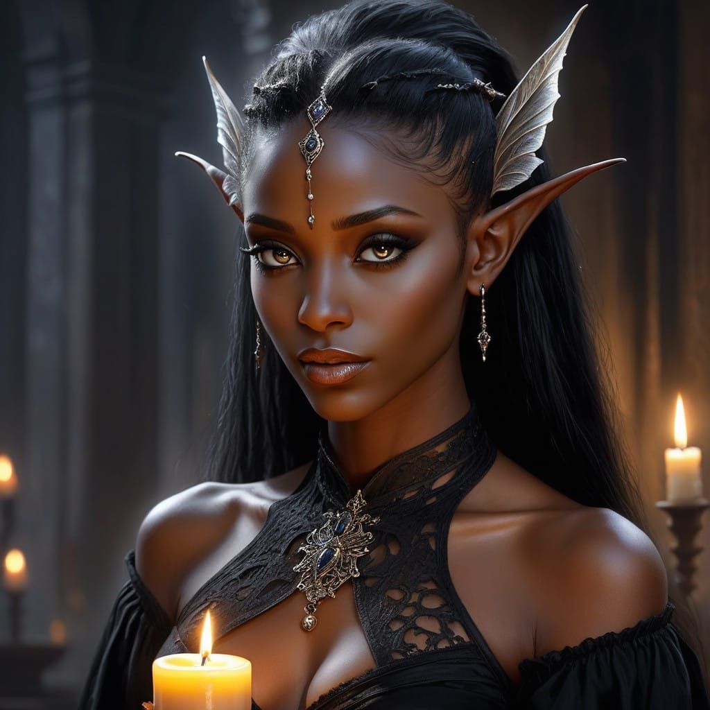 Dark Fantasy Goth Elf Woman in Candlelit Portrait
