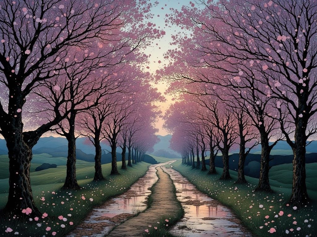 Cherry Blossom Avenue at Dusk, in Whimsical Watercolor Style