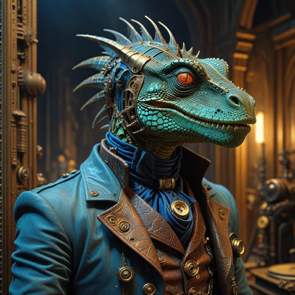 Steampunk Lizardman in Industrial Aesthetic