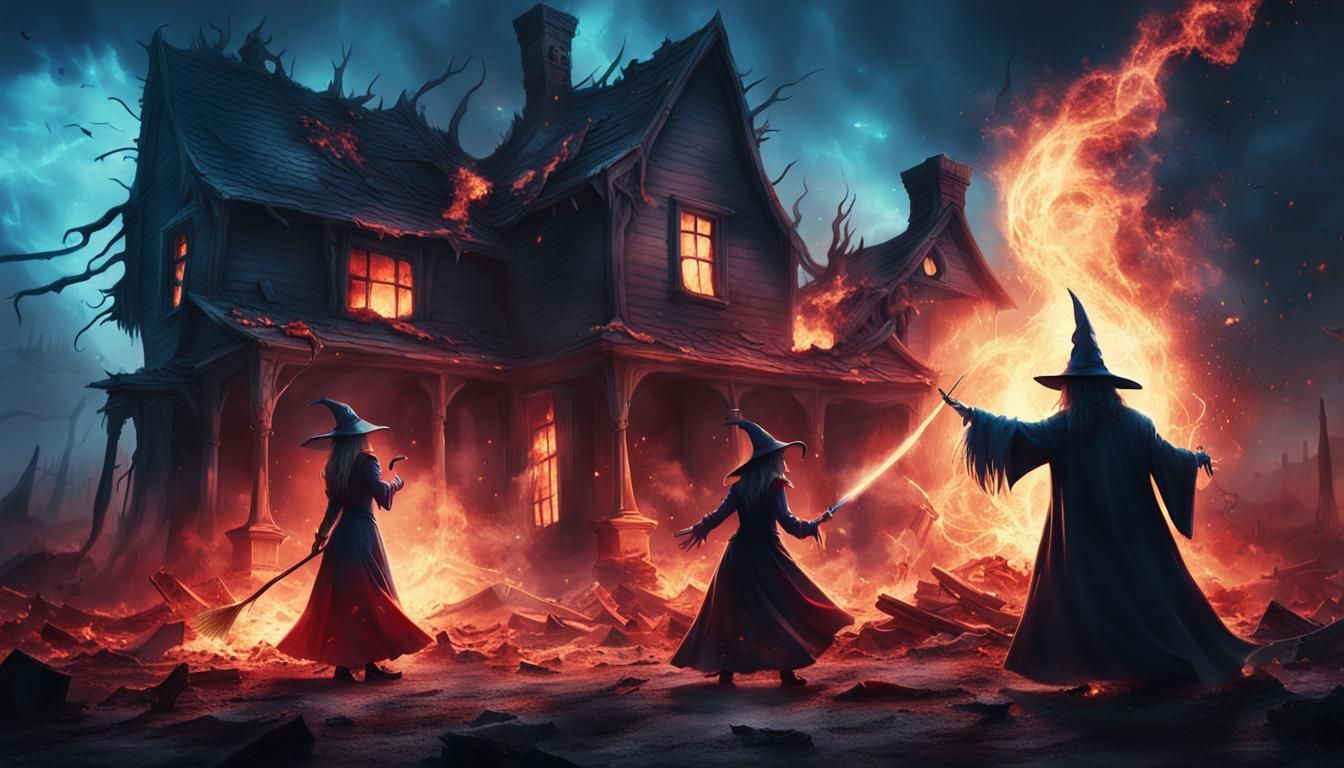 Epic Witch and Wizard Duel in Dark Fantasy Art