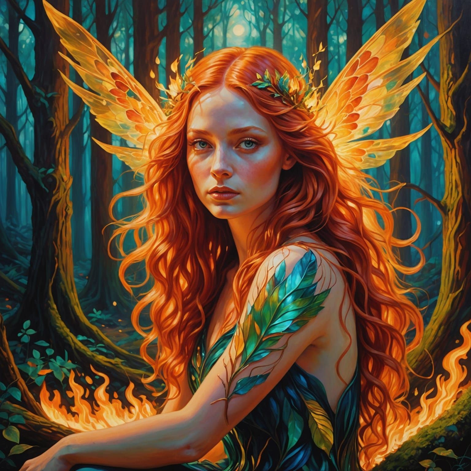 Fire Fairy in Burning Forest, Surreal Oil Painting