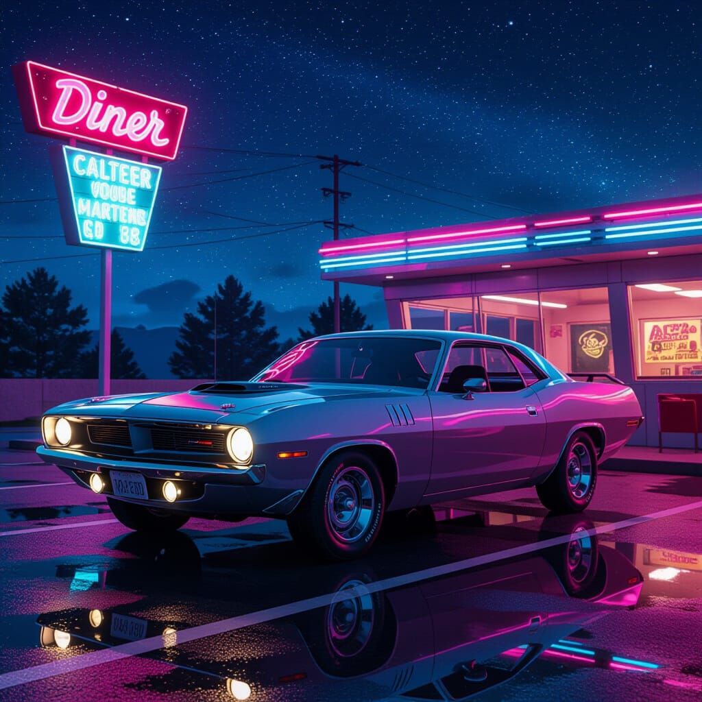 1970 Plymouth Barracuda at Retro Diner Under Starry Sky