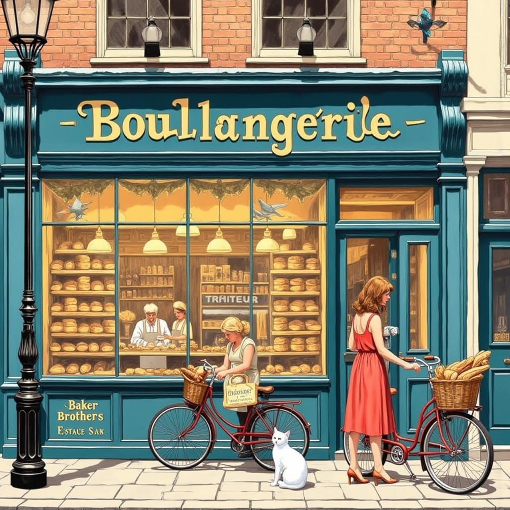 Whimsical Bakery Scene in Vintage Watercolor Style