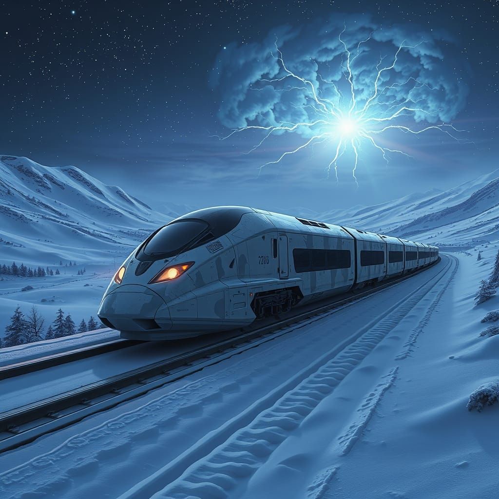 Futuristic Military Train in Snowy Valley at Night