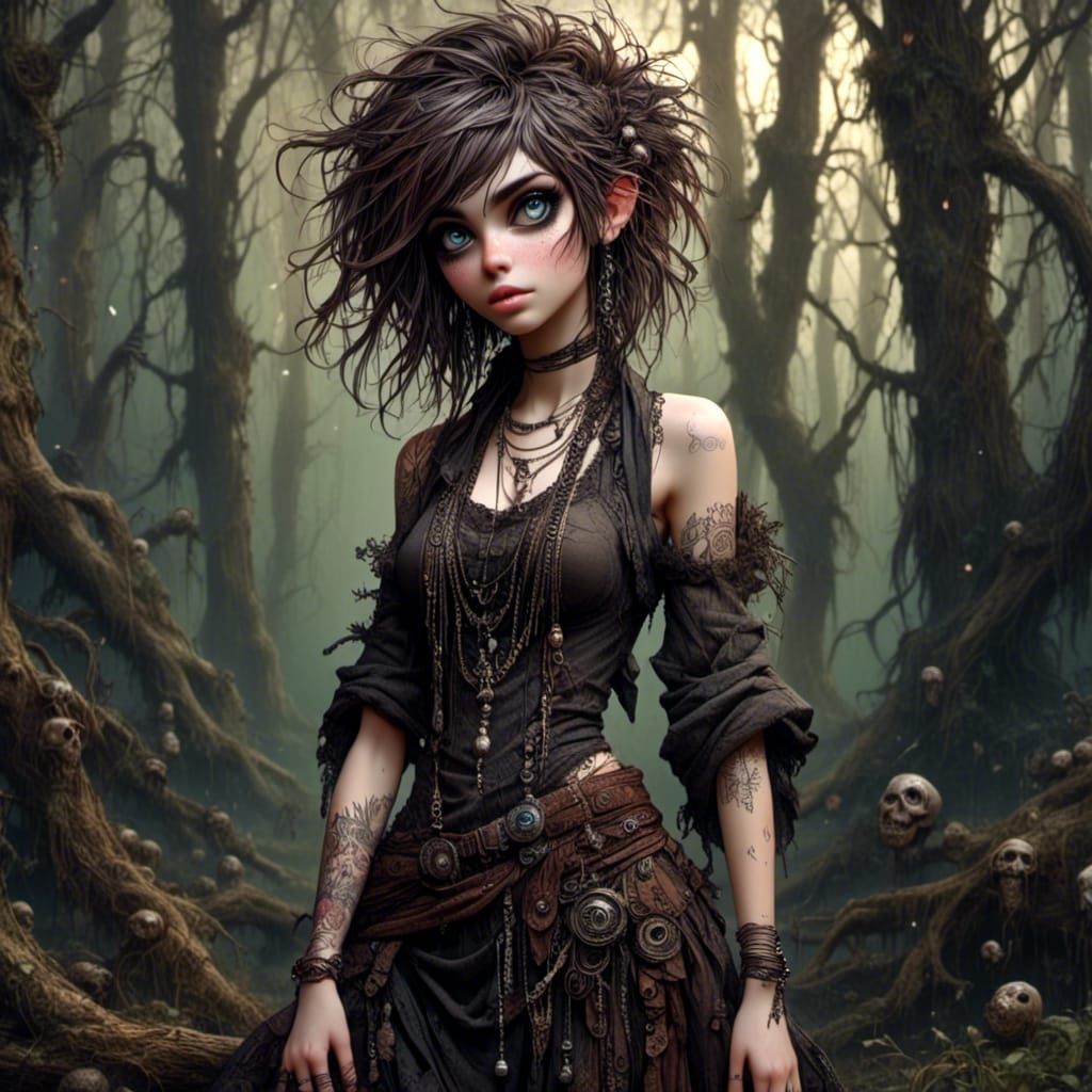 Beautiful Punky Woman in Dark Forest Illustration