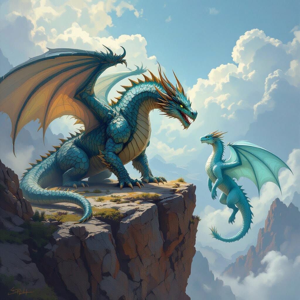 Battle-Worn Dragon Attacks Light Blue Dragon