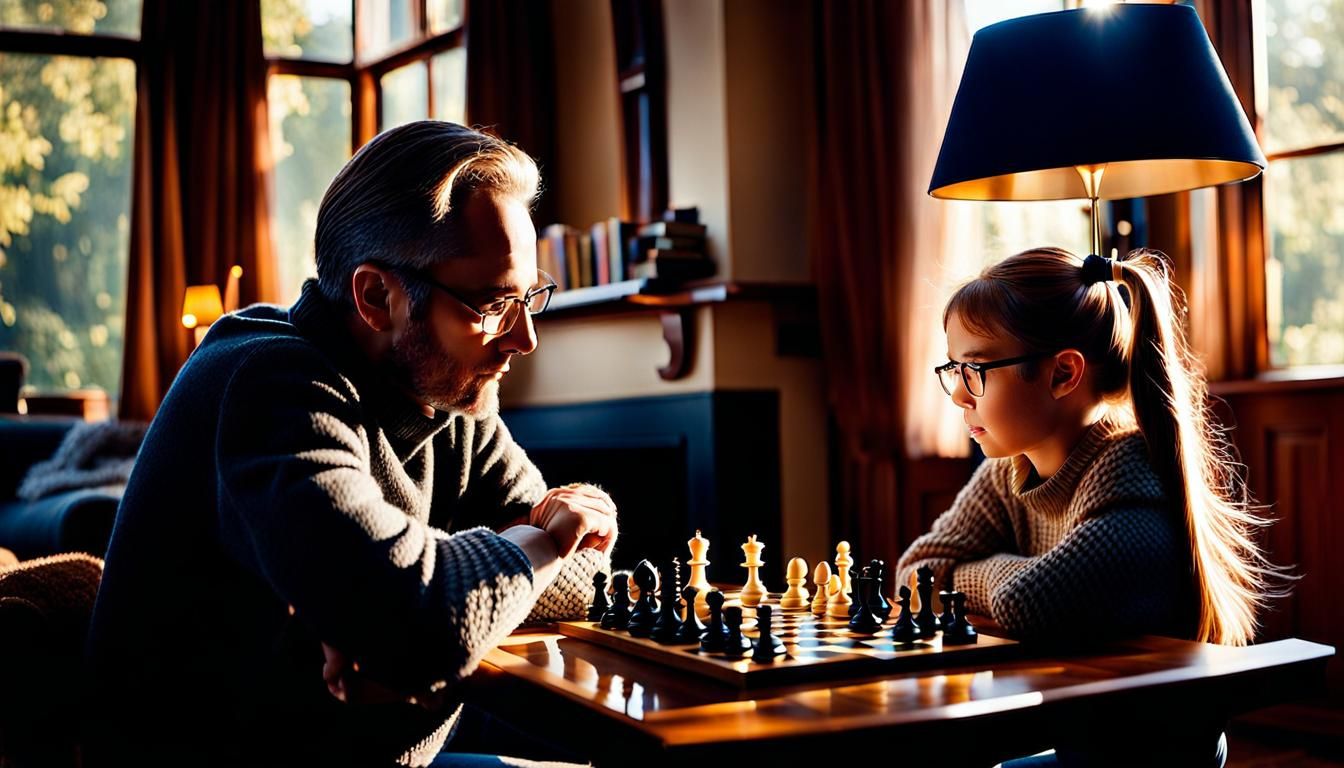 Father and Daughter Share Chess Game in Sunlight