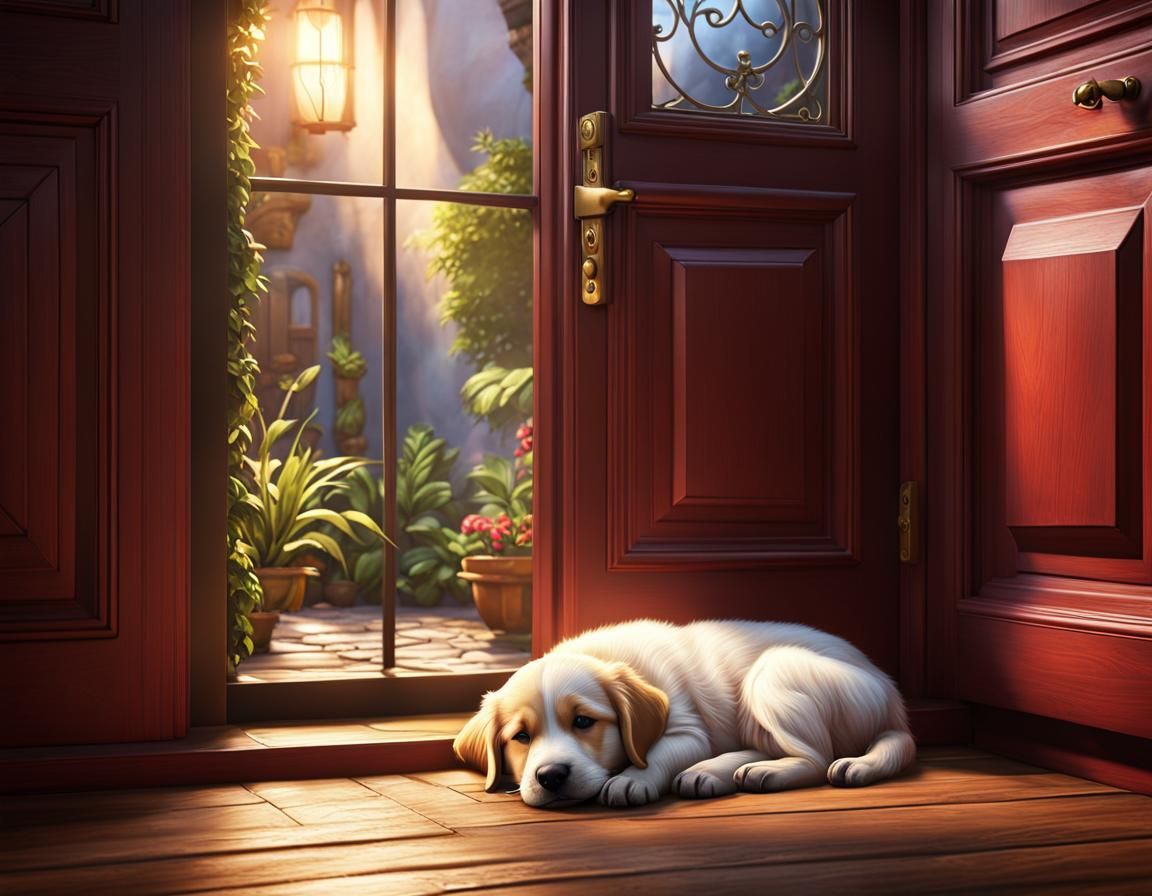 Cute Puppy Sleeps by Door in Cozy House