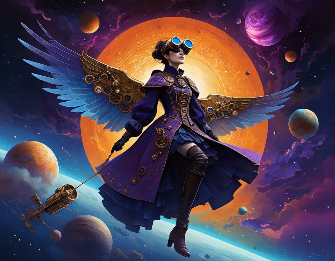Steampunk Woman Soaring Through Nebula as Digital Painting