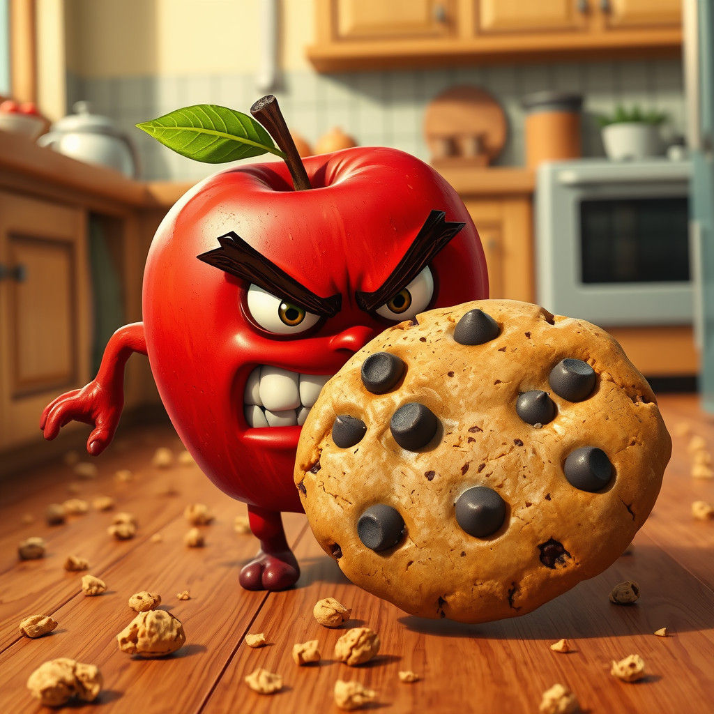 Furious Apple Pursues Cookie in Whimsical Kitchen Scene