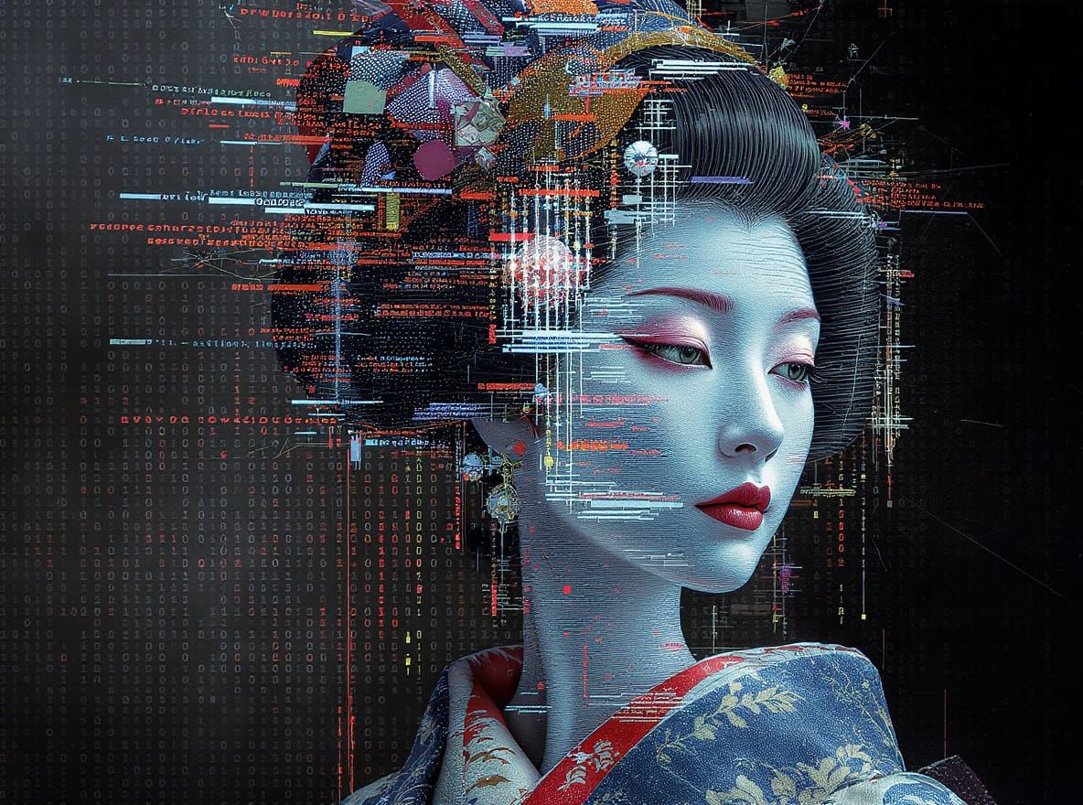 Serene Geisha's Face Melts in Glitch Art Portrait