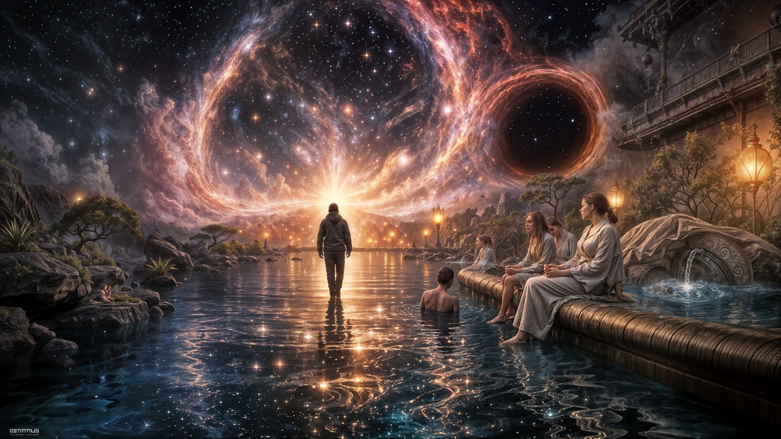 Astral Onsen with Nebulae and Black Holes