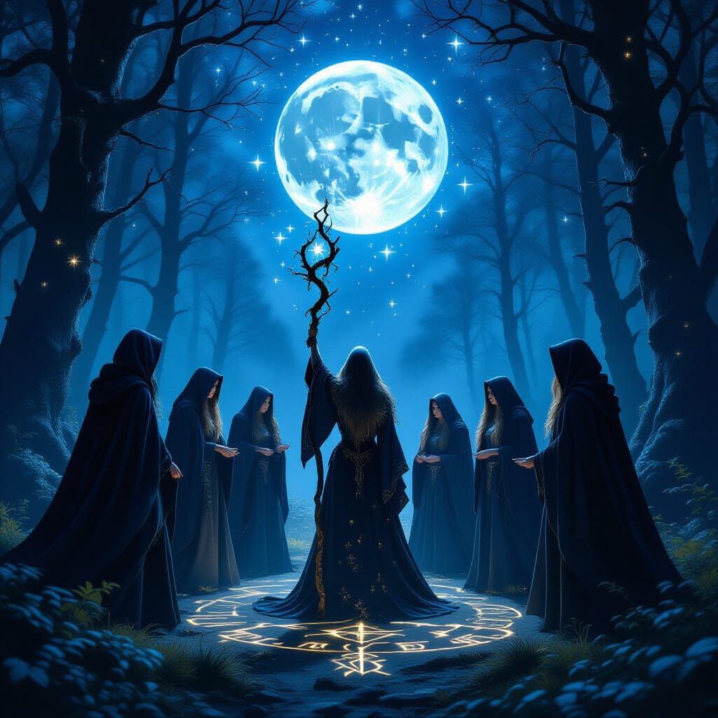 Witches Invoke Cosmic Power in Moonlit Clearing