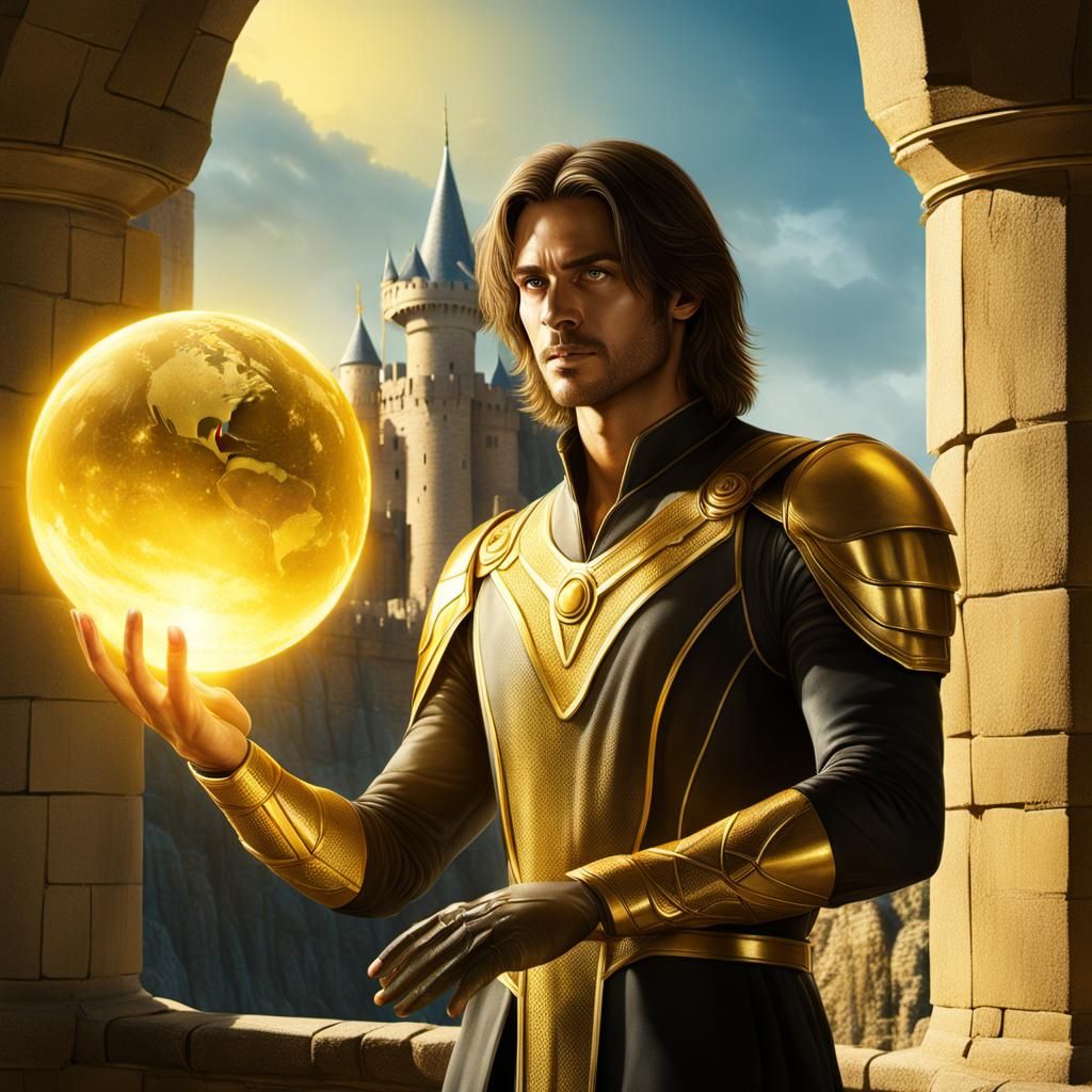 Young Man Holds Golden Orb on Balcony