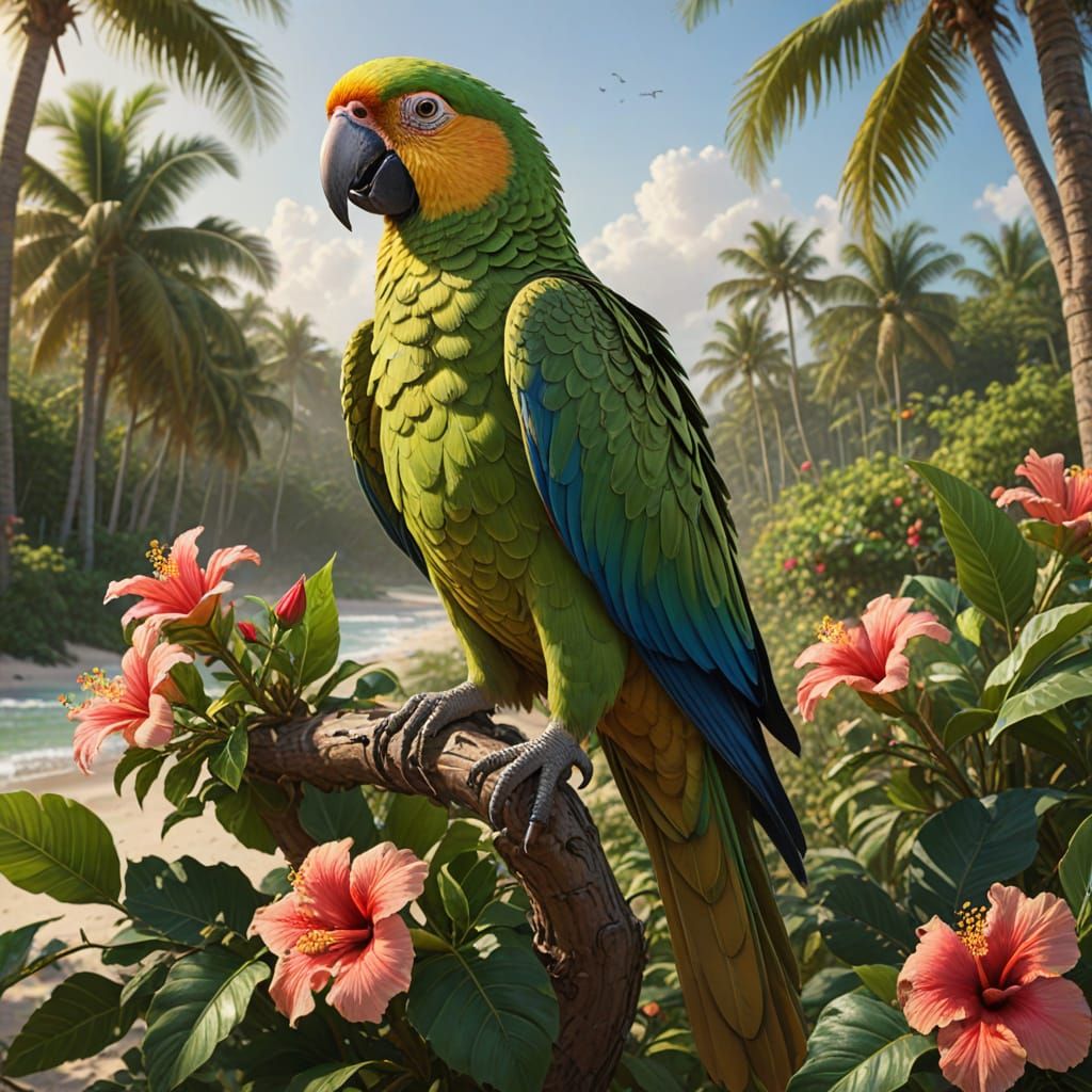 Vibrant Green Parrot on Tropical Beach with Banyan Trees