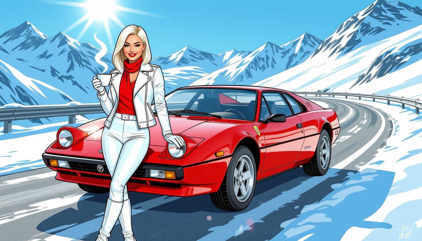 Woman with Lancia 037 in Comic Art Style