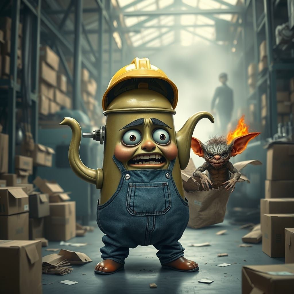Terrified Teapot and Gremlin in Factory Chaos