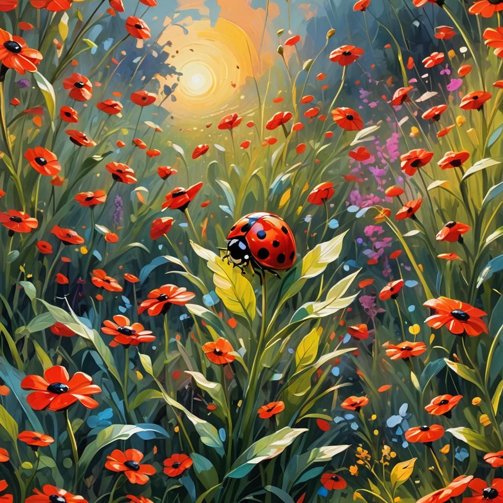Neon Ladybug Flies Over Dreamlike Landscape