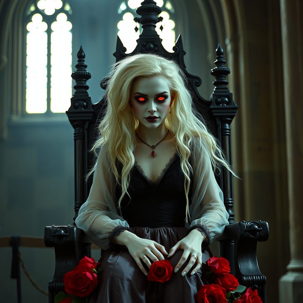 Gothic Vampire Queen on Stone Throne