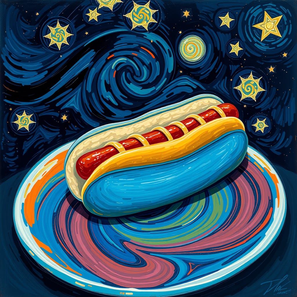 Blue Hotdog in Starry Night Style