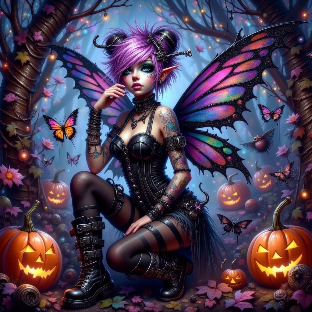 Fairy Punk in Autumn Forest with Ethereal Wings