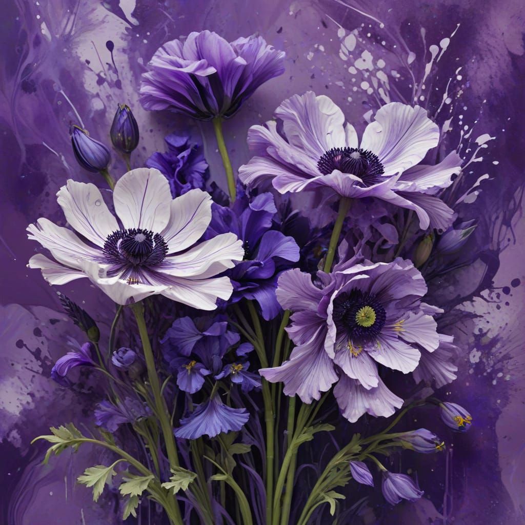 Whimsical Purple Floral Swirls in Vibrant Splatter Art