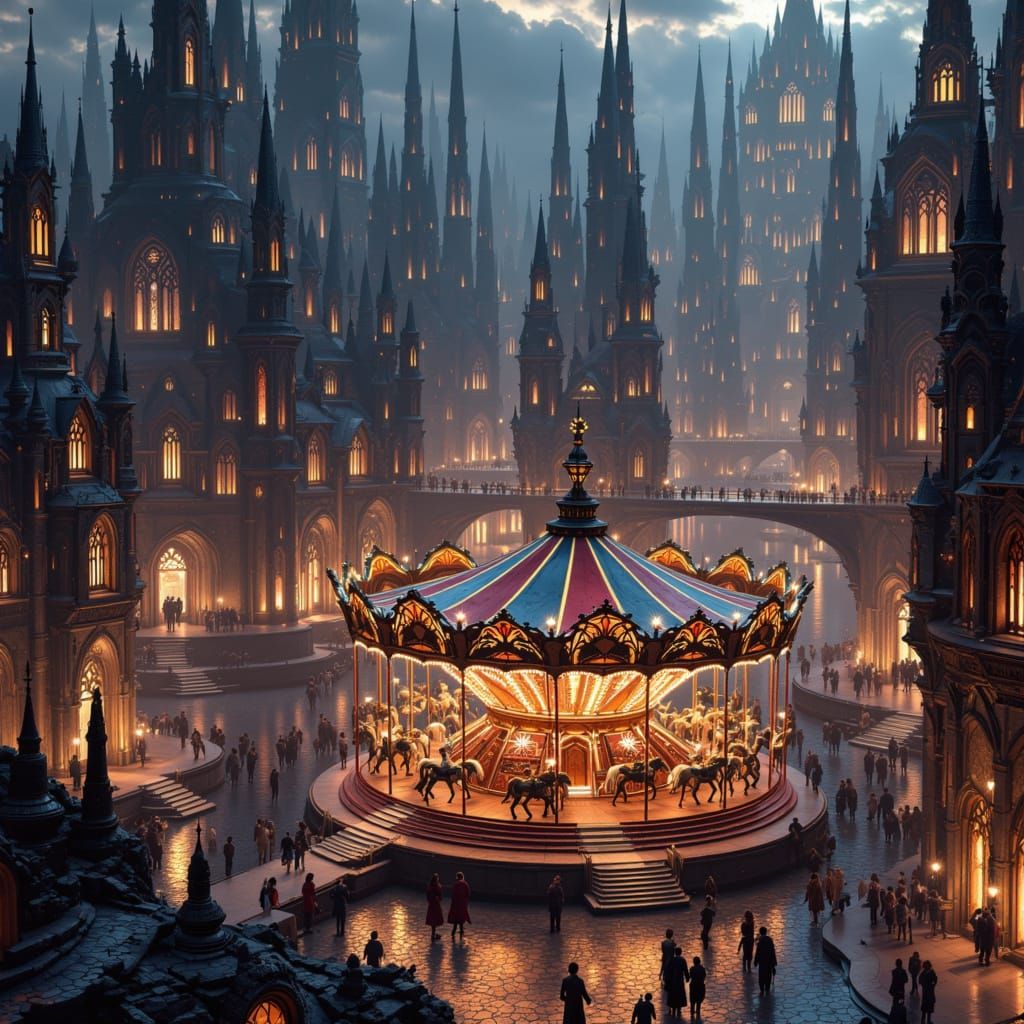 Medieval Market Square at Twilight with Ornate Carousel