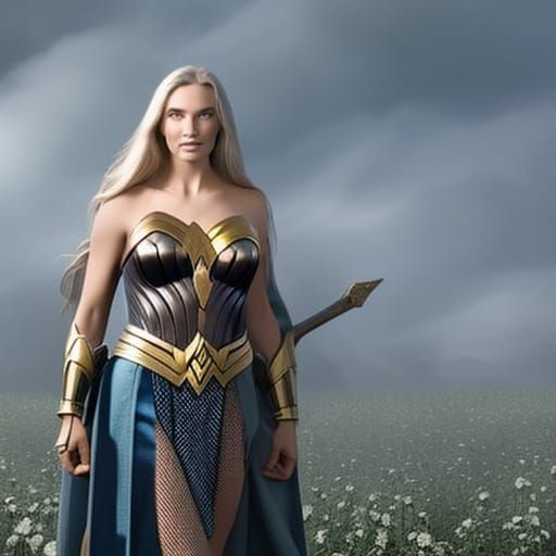 Medieval Wonder Woman in Sunflower Field