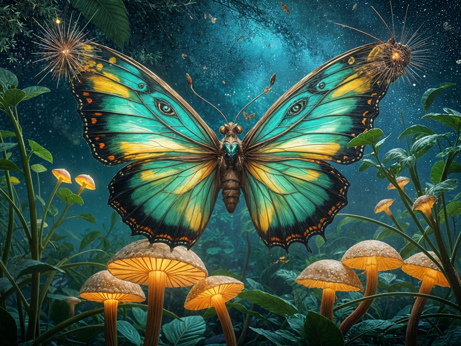 Whimsical Emerald Butterfly in Lush Fantasy Landscapes