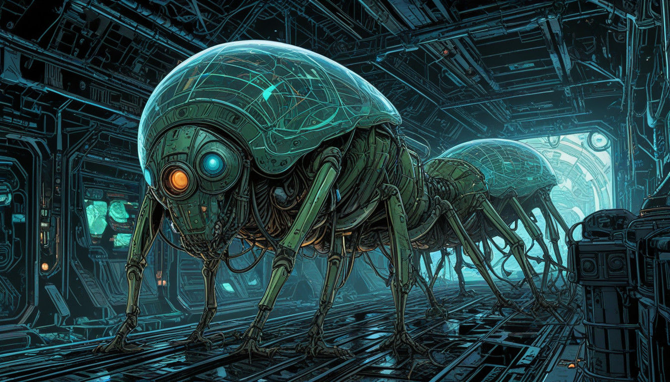 Retro-Futuristic Insect Exoskeleton in Neon-Lit Space