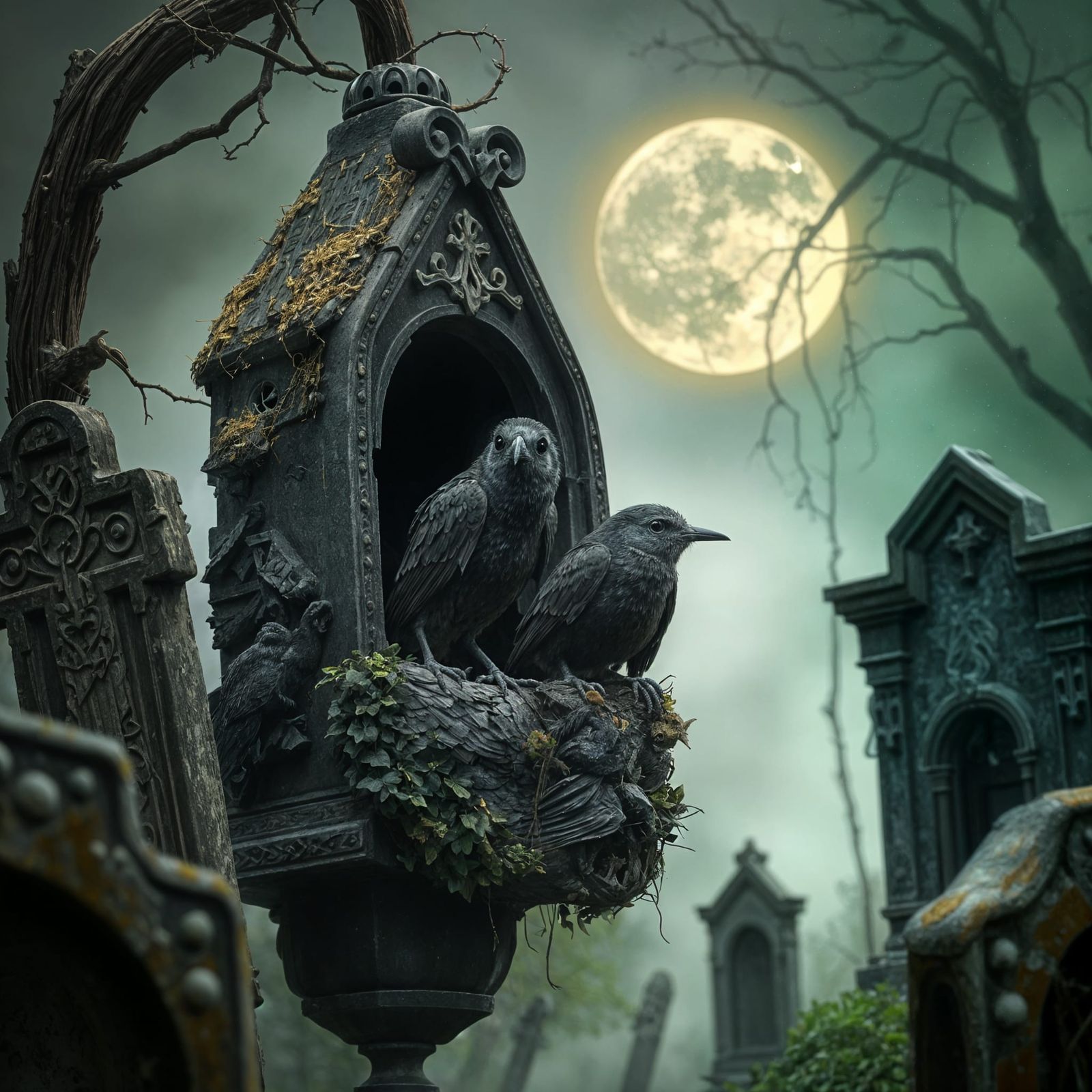Undead Birds in Cemetery Birdhouse