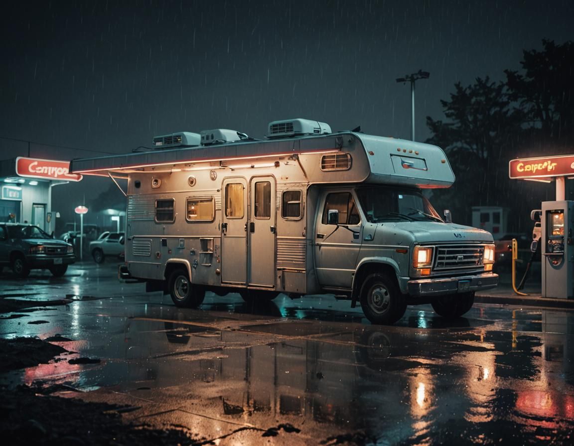 Camper Refueling at Isolated Gas Station at Night