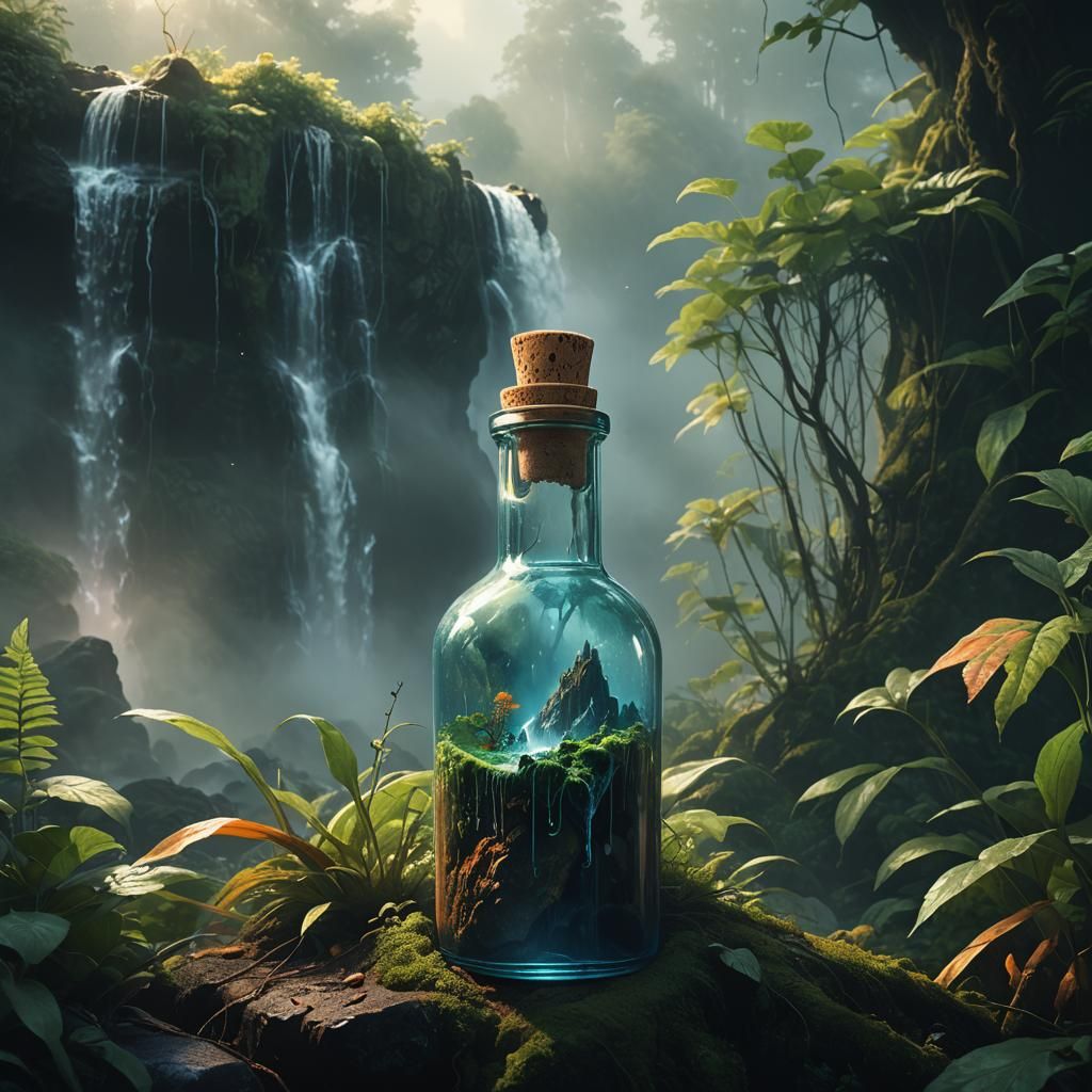 Mystical Waterfall in Glass Bottle: Fantasy Concept Art