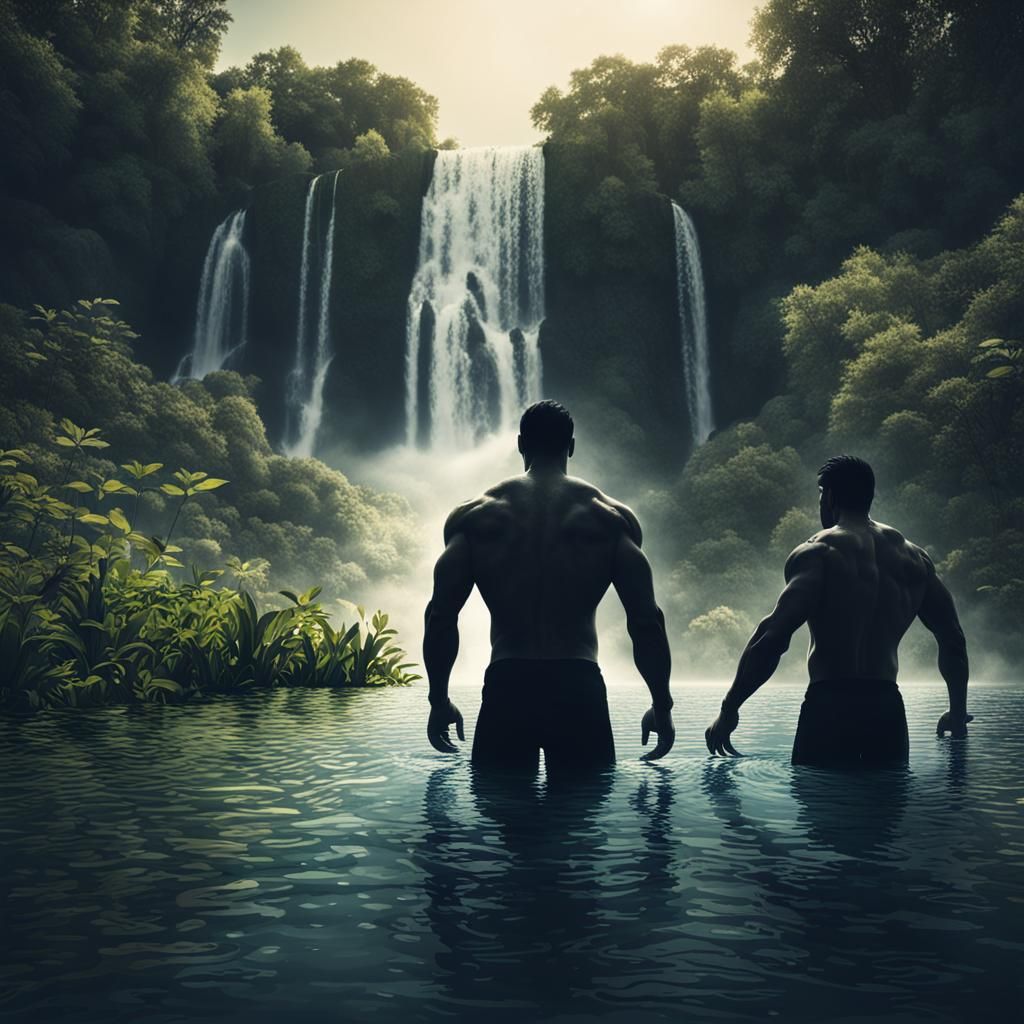 Silhouetted Swimmers Under Waterfall at Night