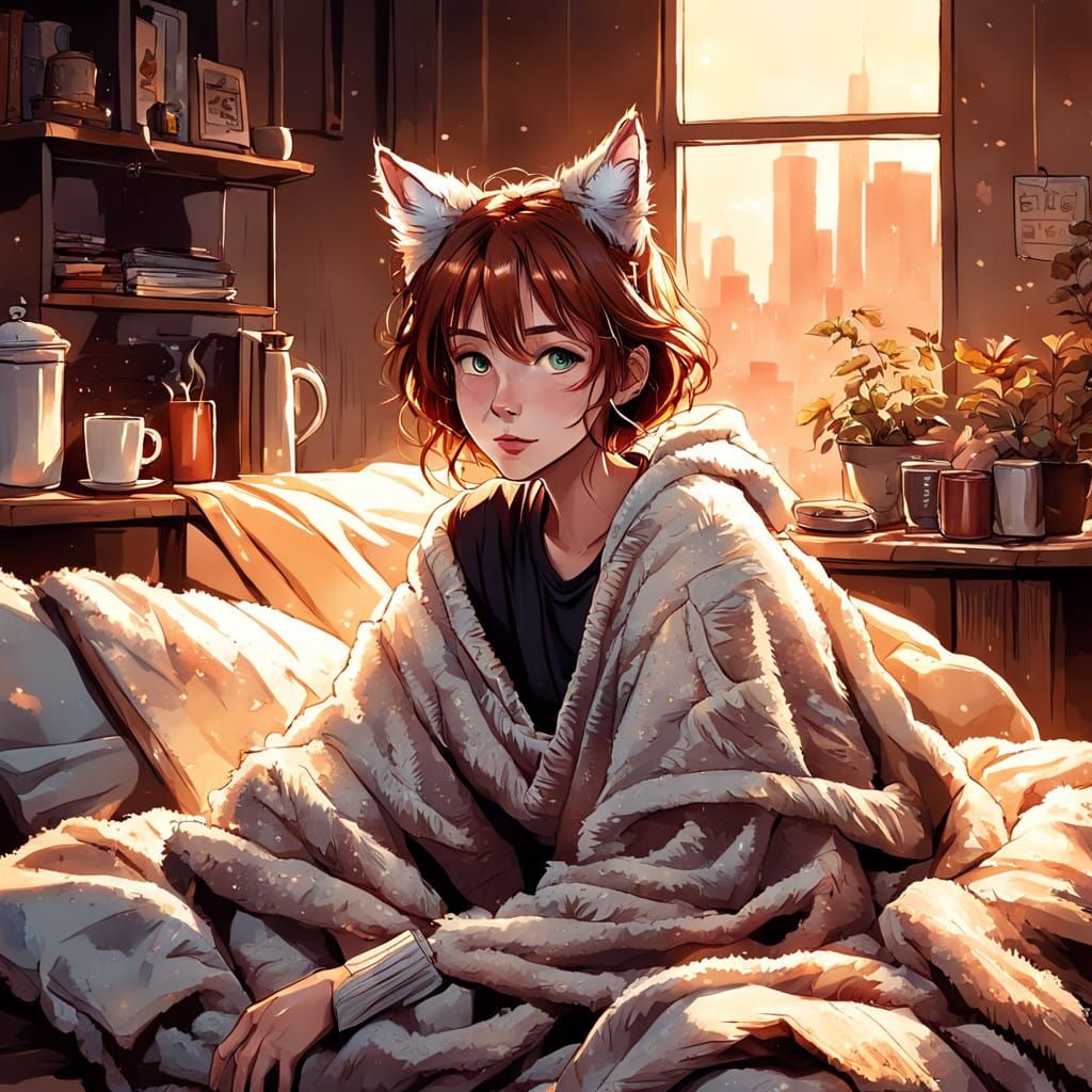 Girl with Feline Ears in Cozy Morning Scene