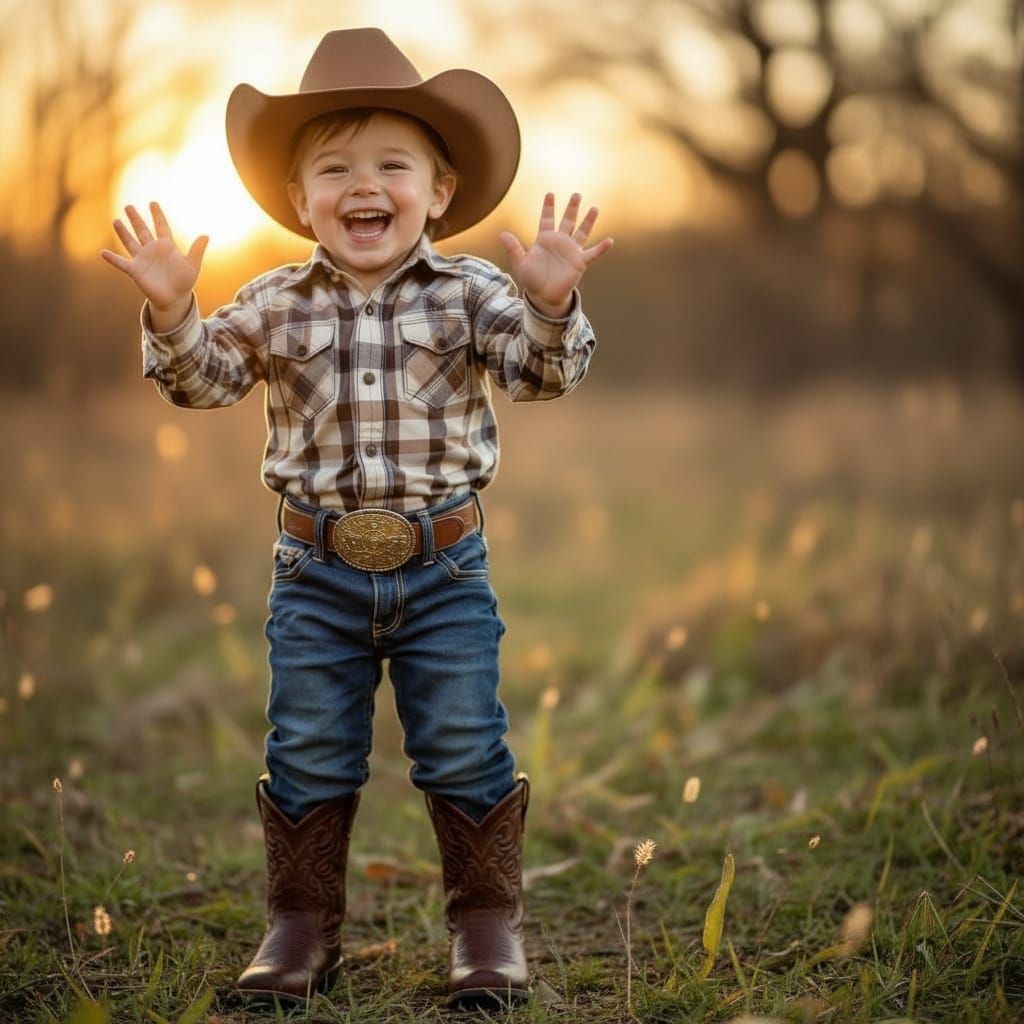 Joyful Boy in Cowboy Hat Dances in New Boots