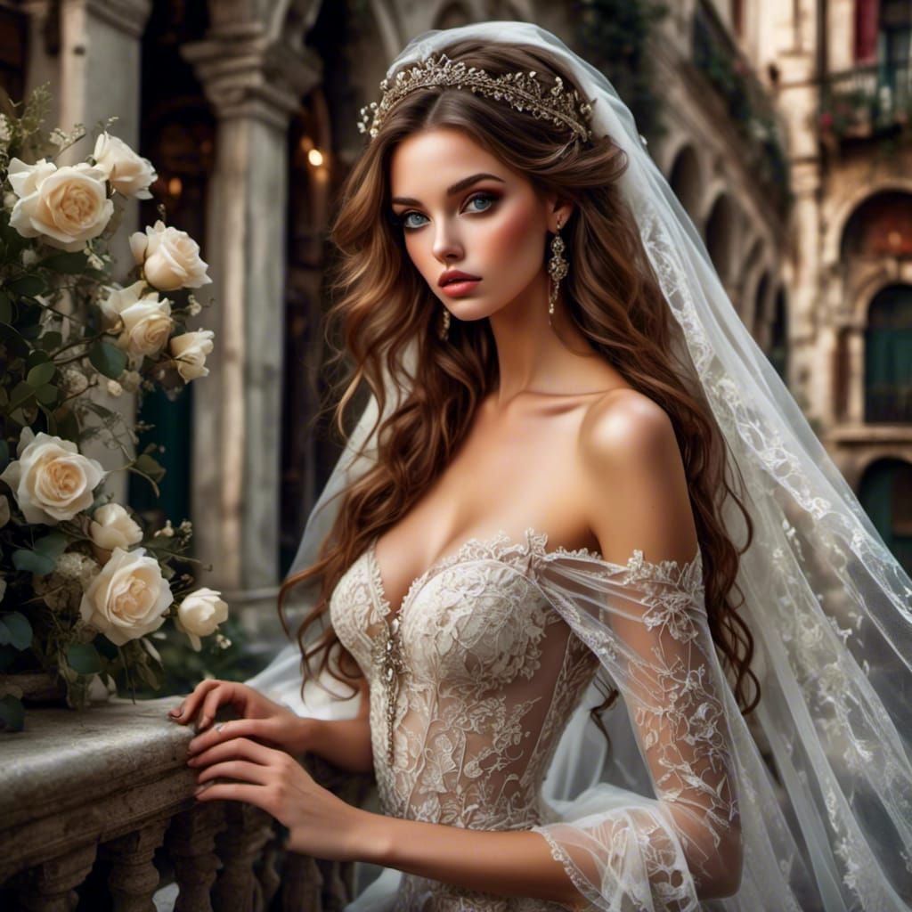 Boho Bride Overlooking Venice in Photorealistic Style