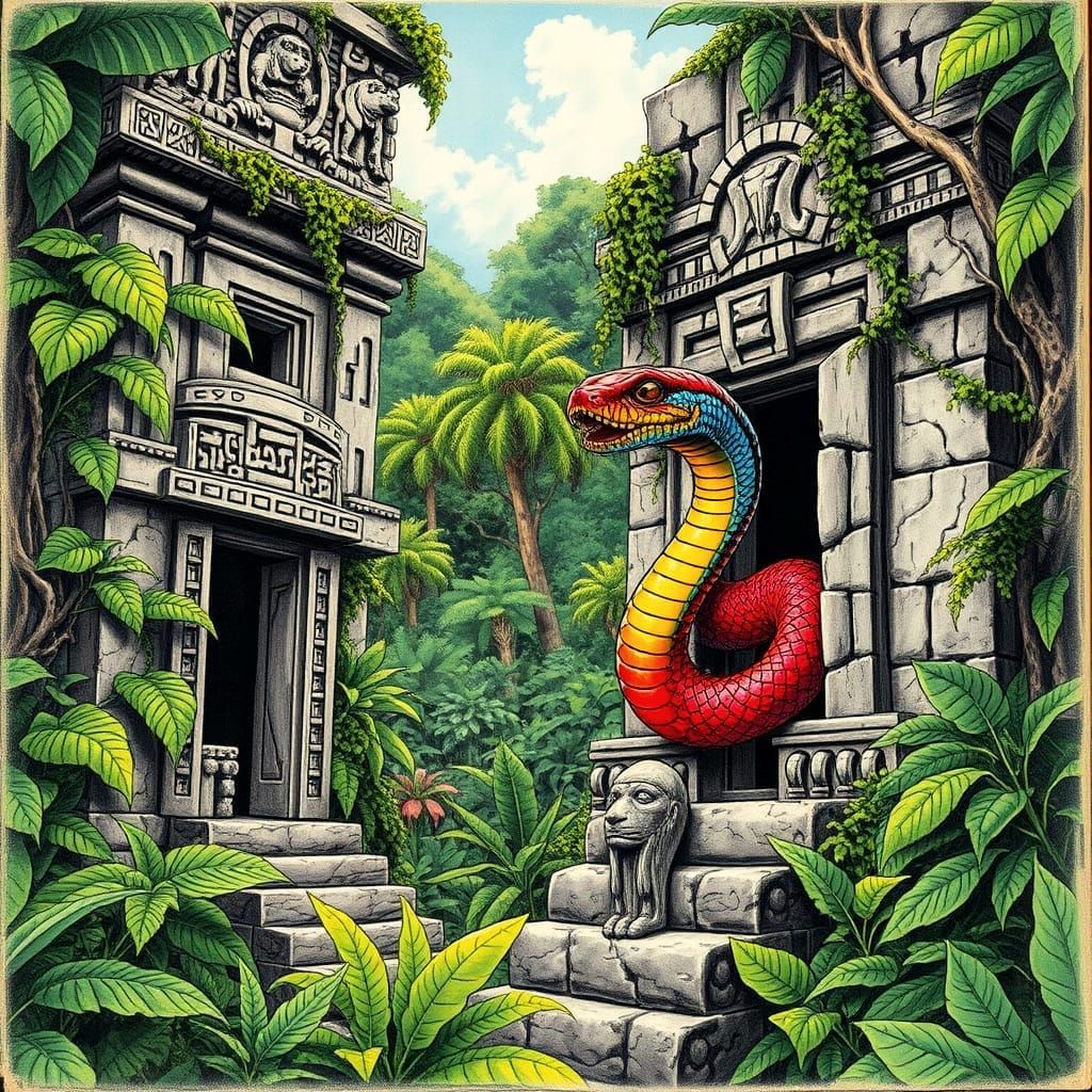 Ancient Maya Temple Ruin Awakens with a Rainbow-Hued Guardia...