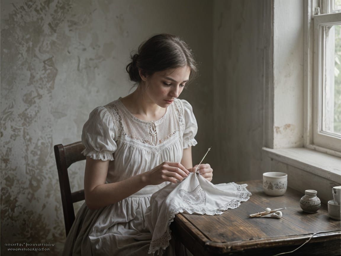 Focused Woman Embroidering by Window in Hyperrealistic Style