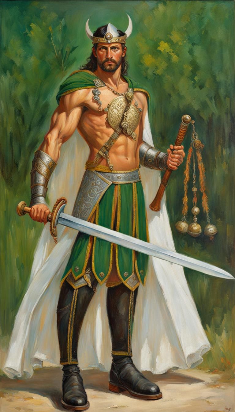 Green-Eyed Warrior with Sword, Oil Painting Style