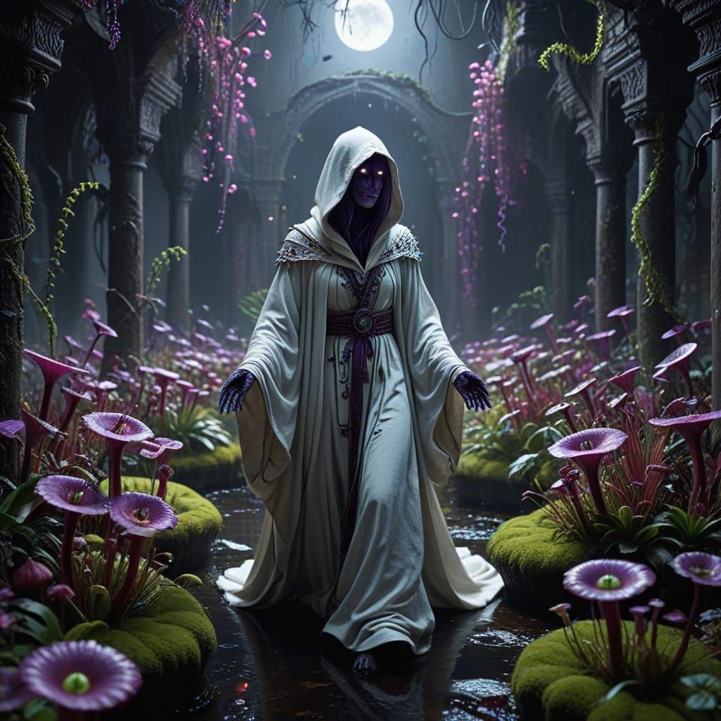 Jardin sinistre soir de pleine lune  UN SPECTRE fantômes en ...