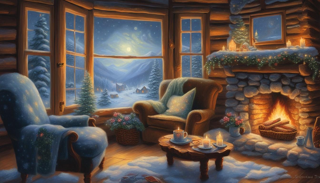 Cozy Log House Evening: Ethereal Oil Painting