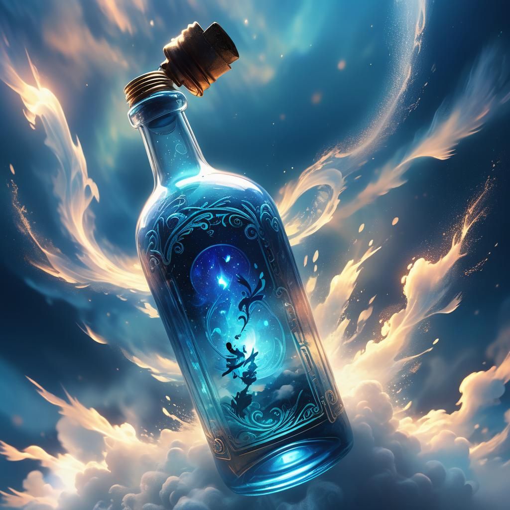 Mysterious Glowing Bottle in Glitch Art Style