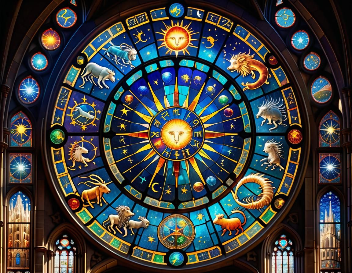 Looking towards a stained glass window depicting the zodiac.
