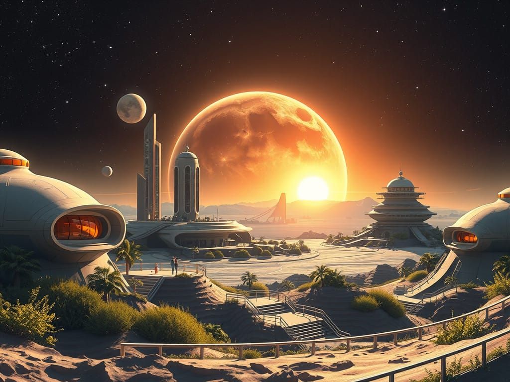 Solarpunk Lunar Metropolis with Earthrise