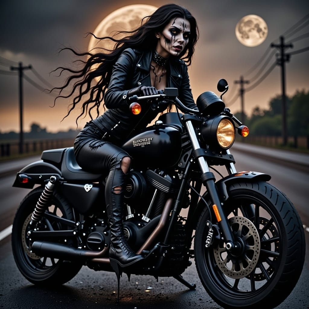 Vampire Woman Rides Harley Davidson in Dark, Moody Landscape