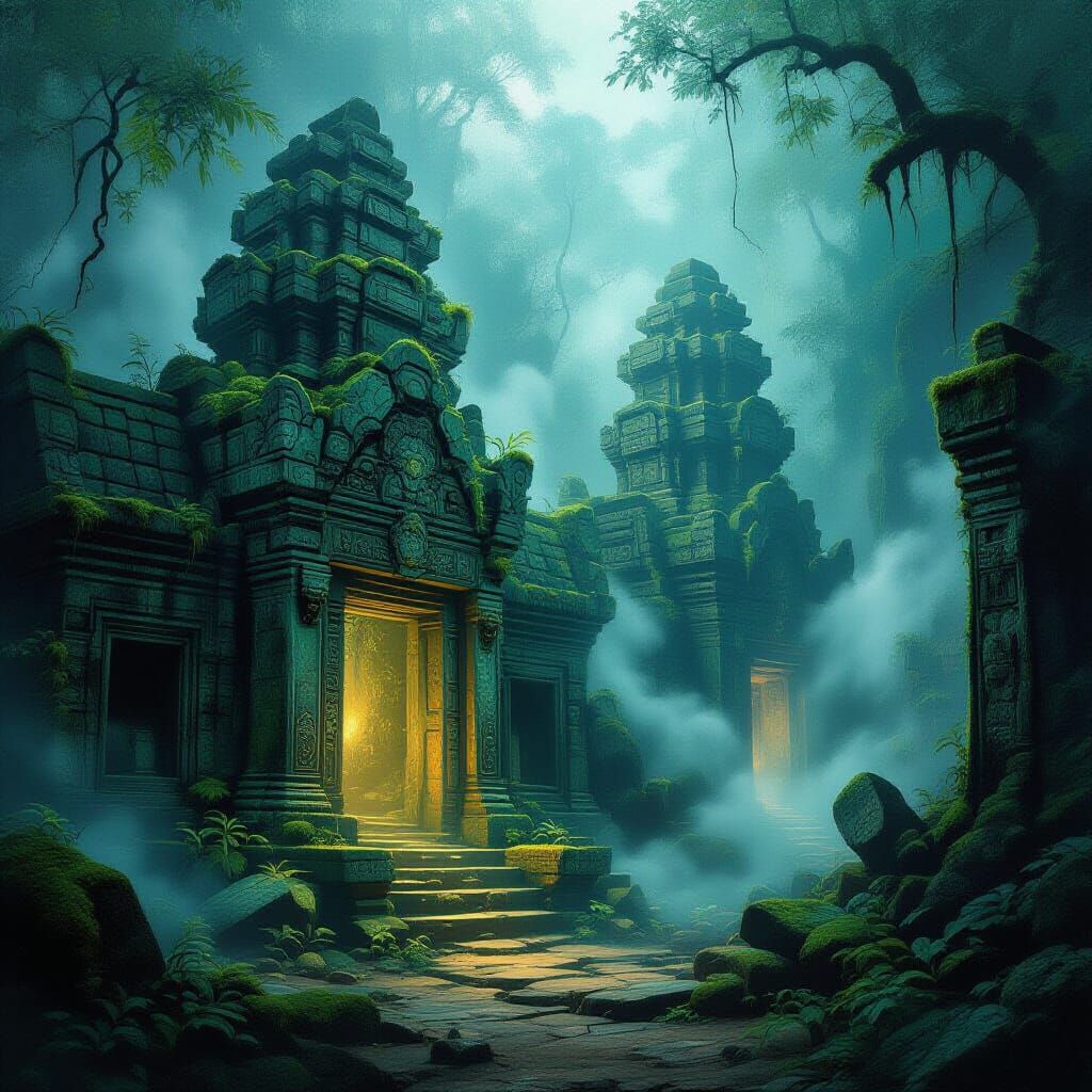 Ancient Temple in Bioluminescent Jungle
