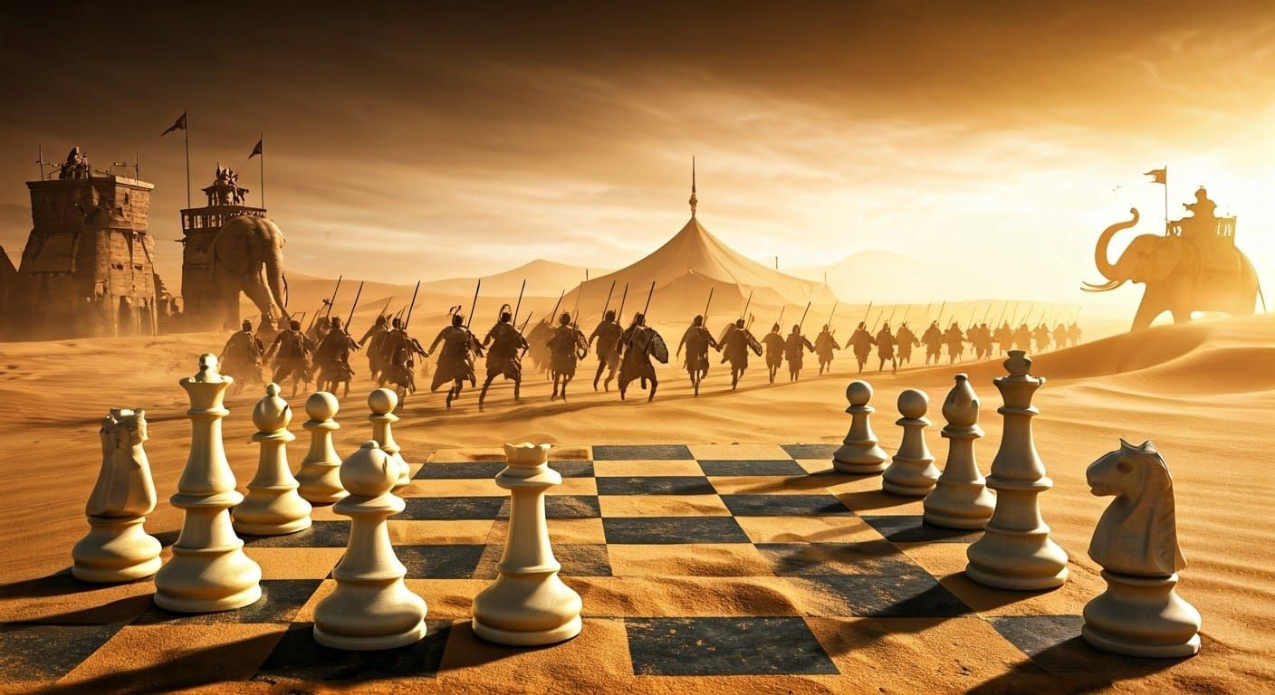 Epic Desert Chess Battle in Cyberpunk Style