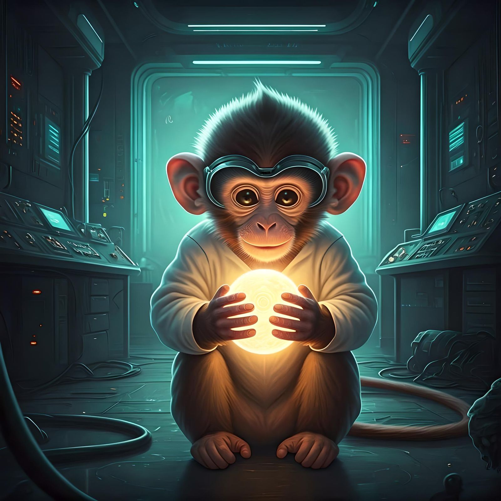 Baby Monkey with Energy Orb in Surreal Lab