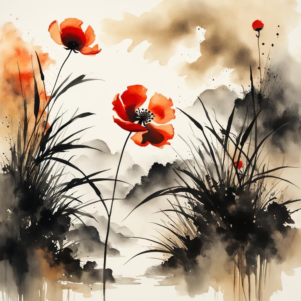 Poppy in Early Light: Chinese Ink Painting